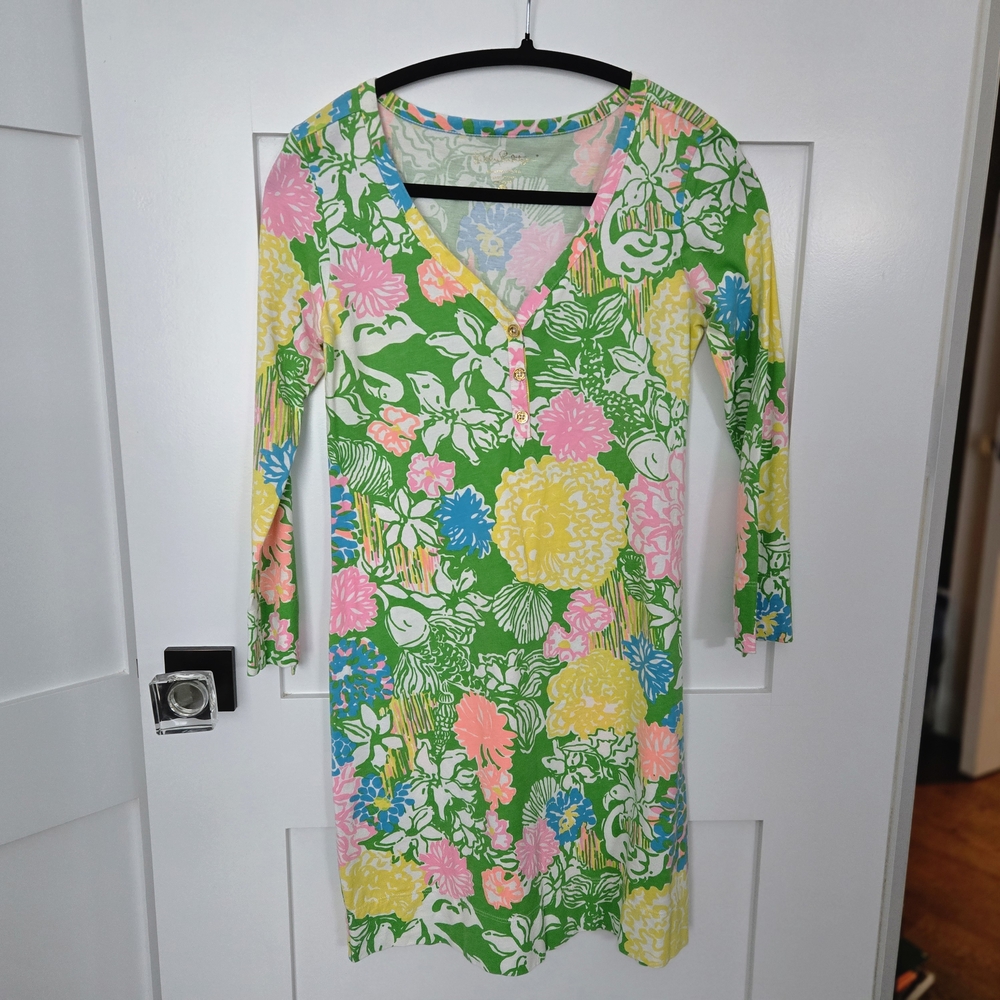 Lilly Pulitzer Floral Green Dress Size XS Vneck Lightweight Cotton